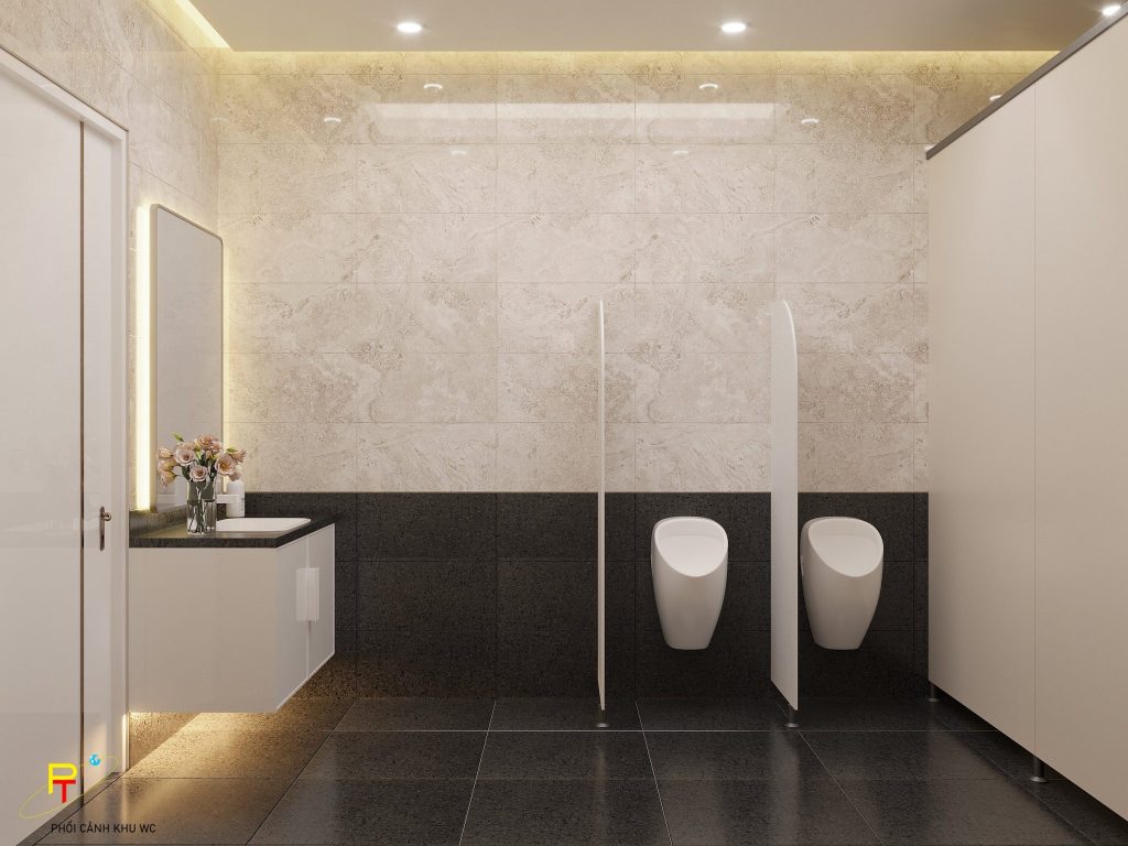 Thiết kế khu vực WC sang trọng tại khách sạn 3 sao AQUA với đá marble và ánh sáng LED