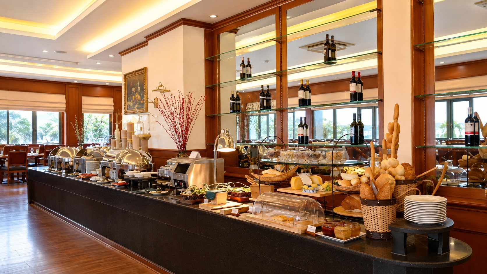 Khu buffet khách sạn 4 sao phong cách tân cổ điển với quầy phục vụ sang trọng, ánh sáng ấm áp và bố cục chỉn chu.
