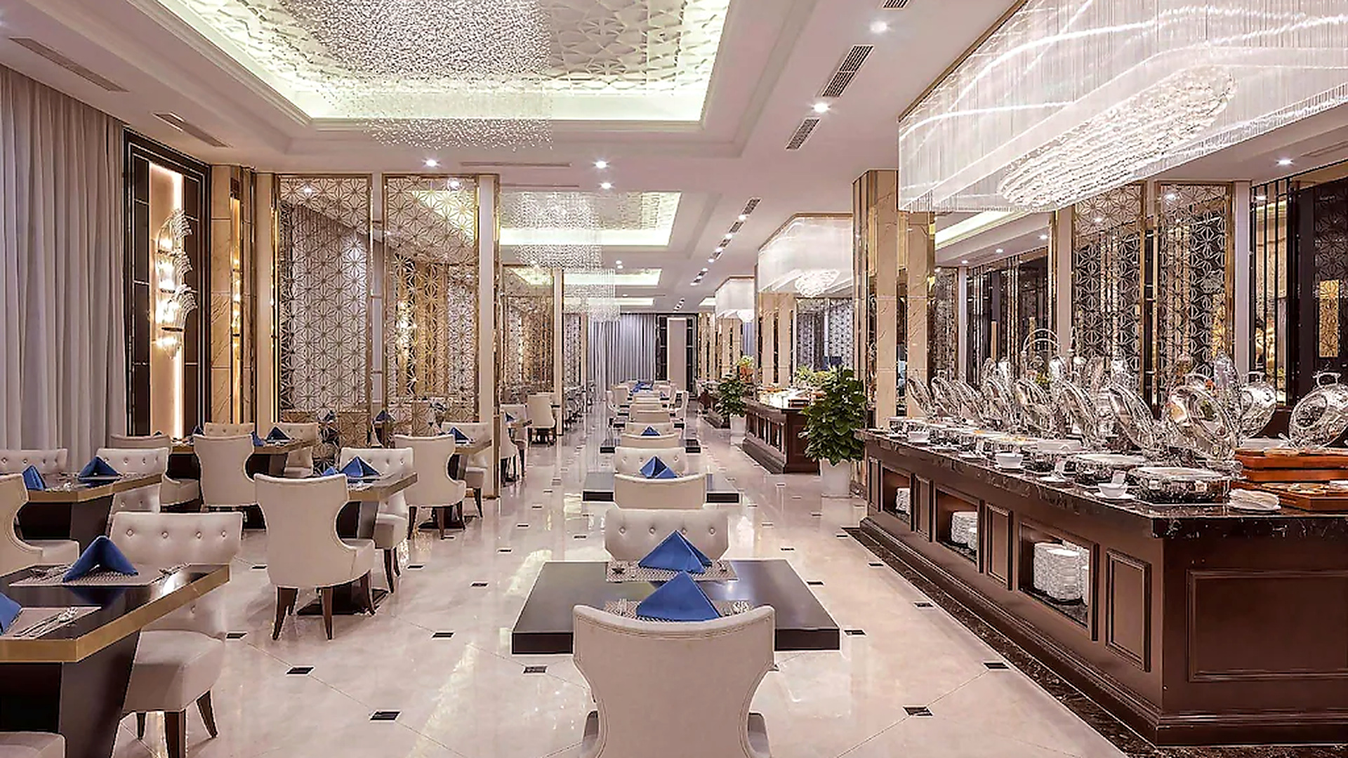 Nhà hàng khách sạn 4 sao phong cách tân cổ điển với không gian buffet sang trọng.