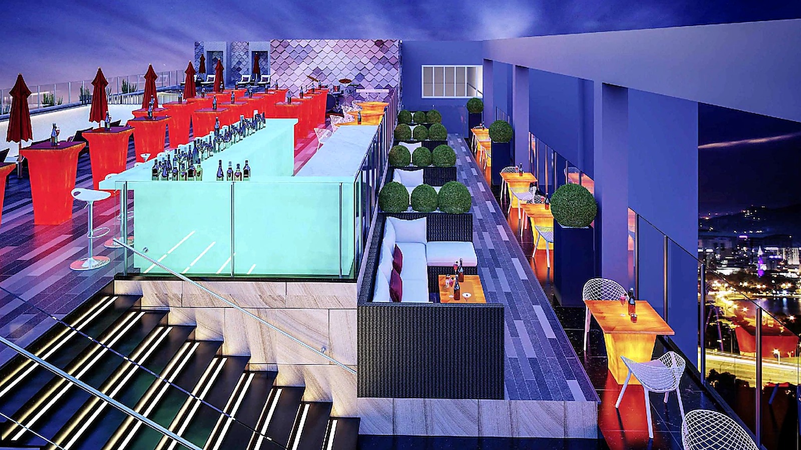 Rooftop bar khách sạn 5 sao hiện đại với không gian mở và ánh sáng nổi bật.