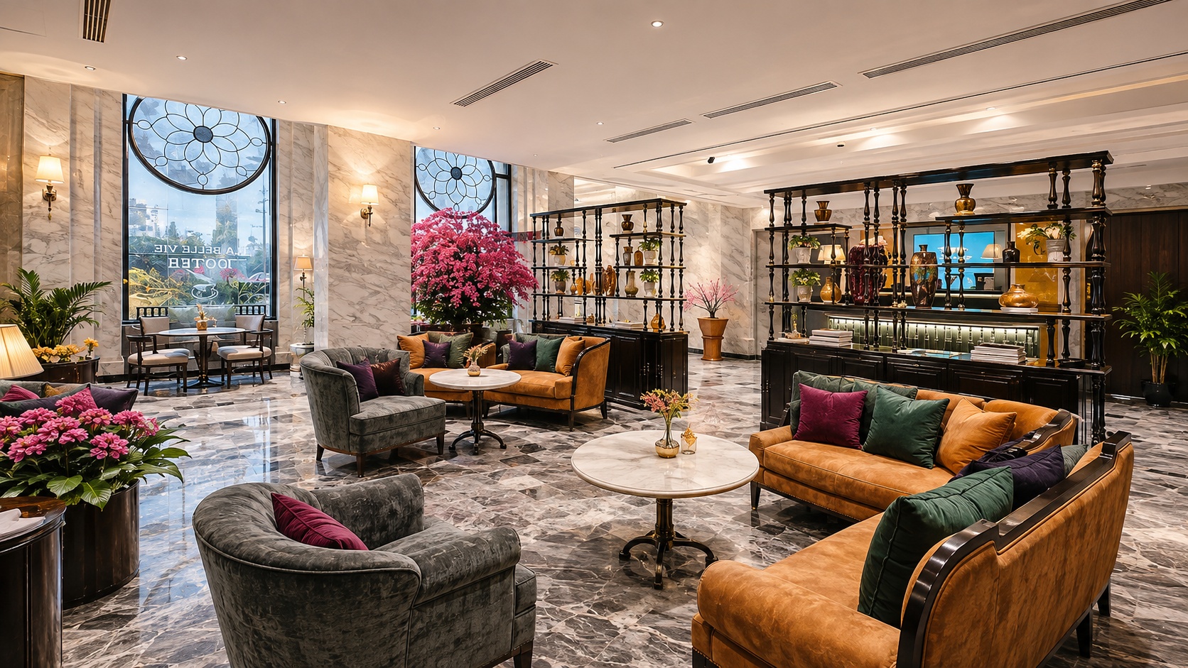 Sảnh lounge khách sạn 4 sao phong cách sang trọng với sofa nhung, bàn trà đá và điểm nhấn hoa hồng đào. Alt ảnh SEO: "01 sanh lounge khach san 4 sao sang trong".