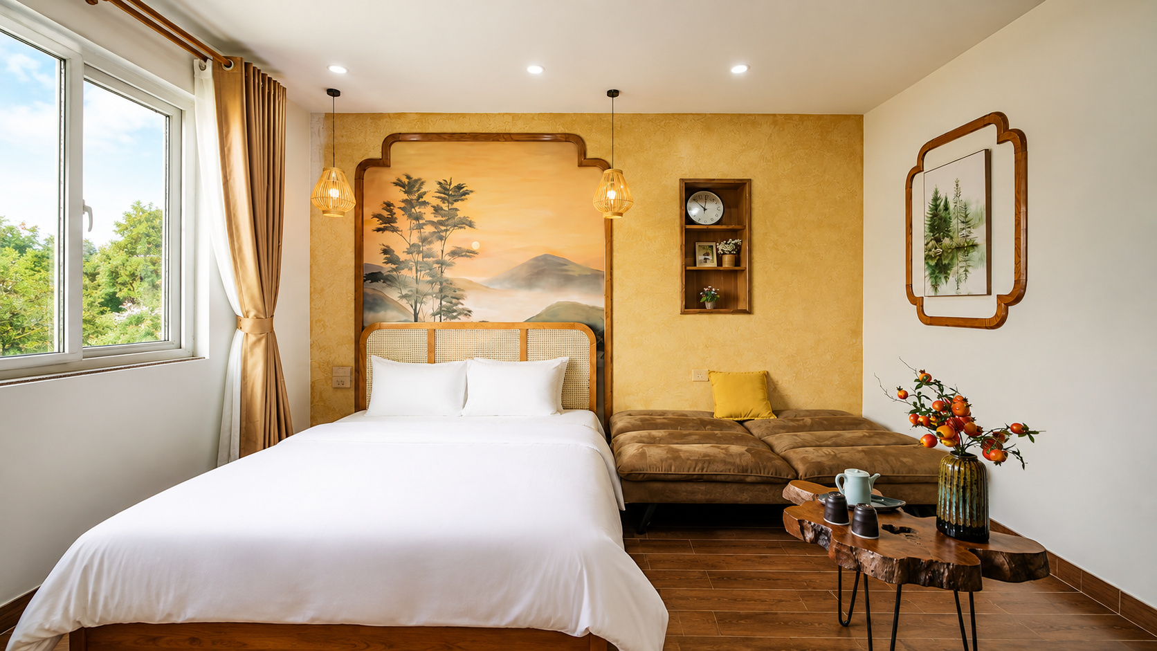 Phòng deluxe khách sạn 4 sao phong cách Indochine sử dụng gam vàng ấm, giường lớn và khu vực thư giãn tiện lợi.