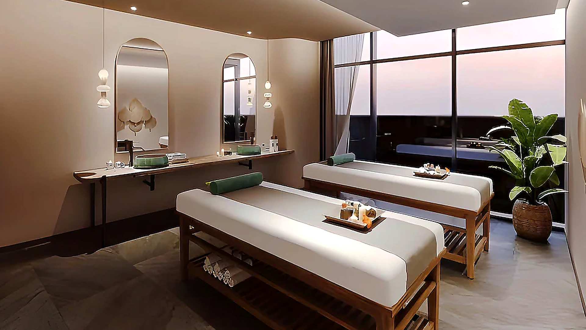 Phòng trị liệu spa bố trí hai giường, ánh sáng dịu và vật liệu gỗ tạo cảm giác thư giãn.