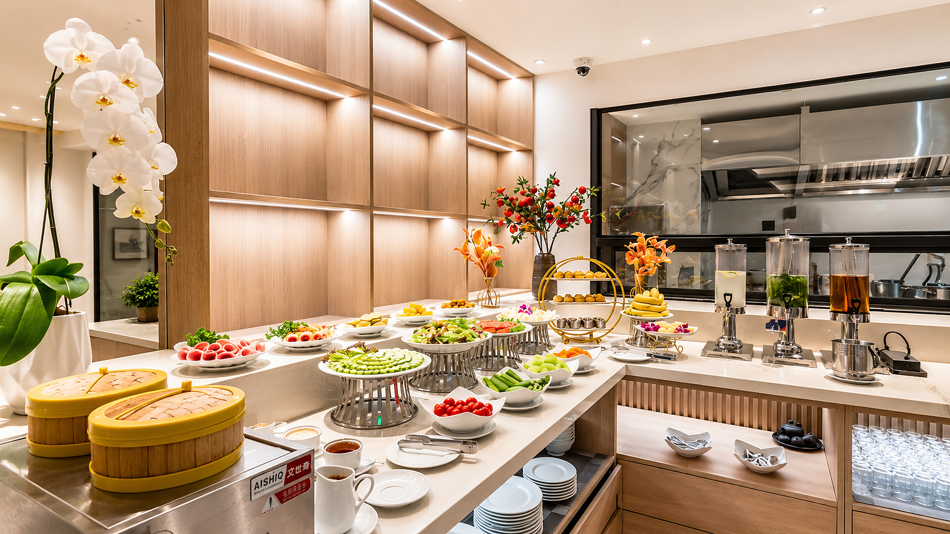 Khu buffet sáng khách sạn hiện đại được tổ chức gọn gàng, sáng rõ và thuận tiện cho khách tự phục vụ.