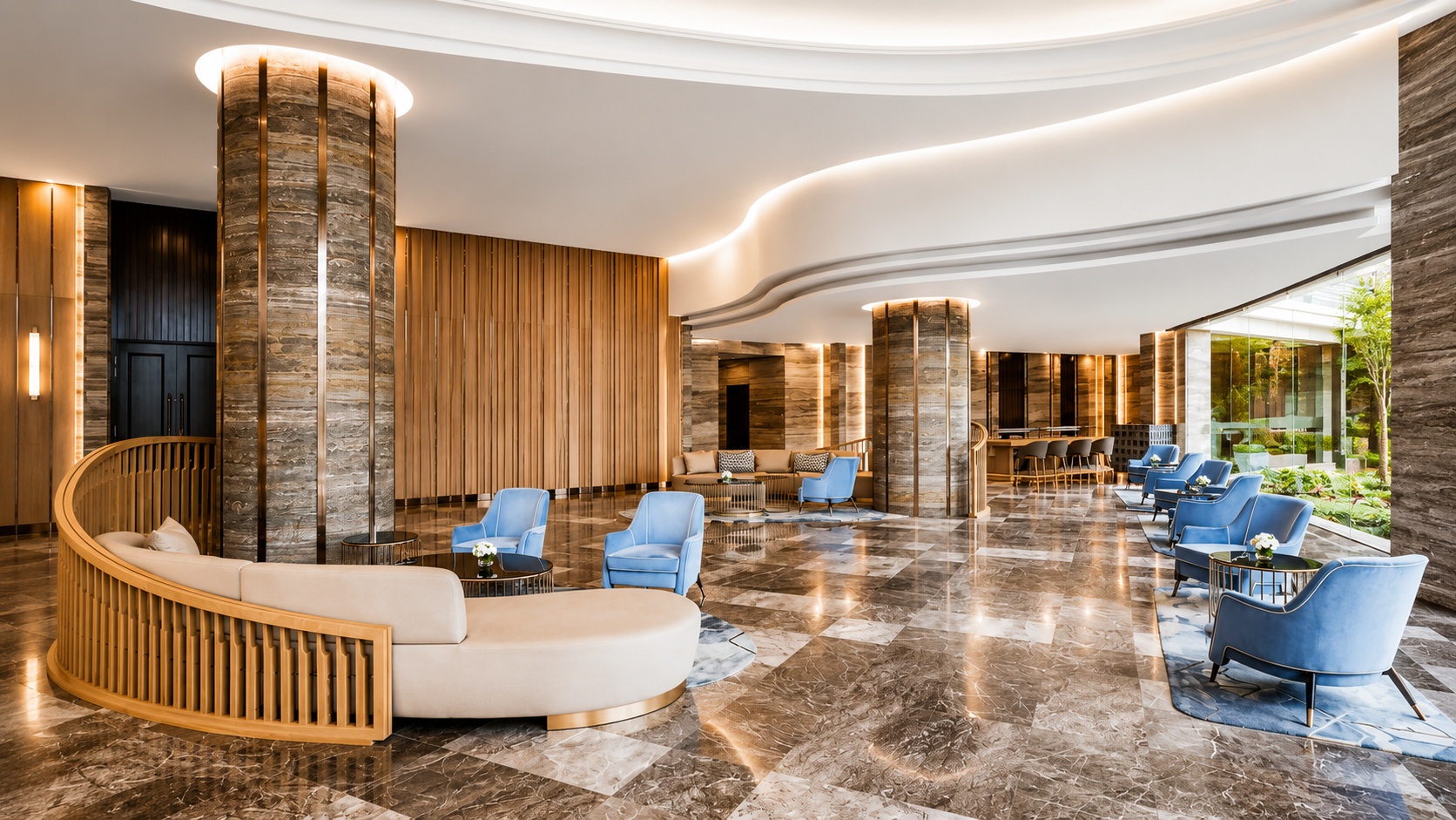 Khu lobby khách sạn 5 sao mang tinh thần sang trọng hiện đại, kết hợp đá tự nhiên, ánh sáng tinh tế và các góc ngồi tiếp khách đẳng cấp.