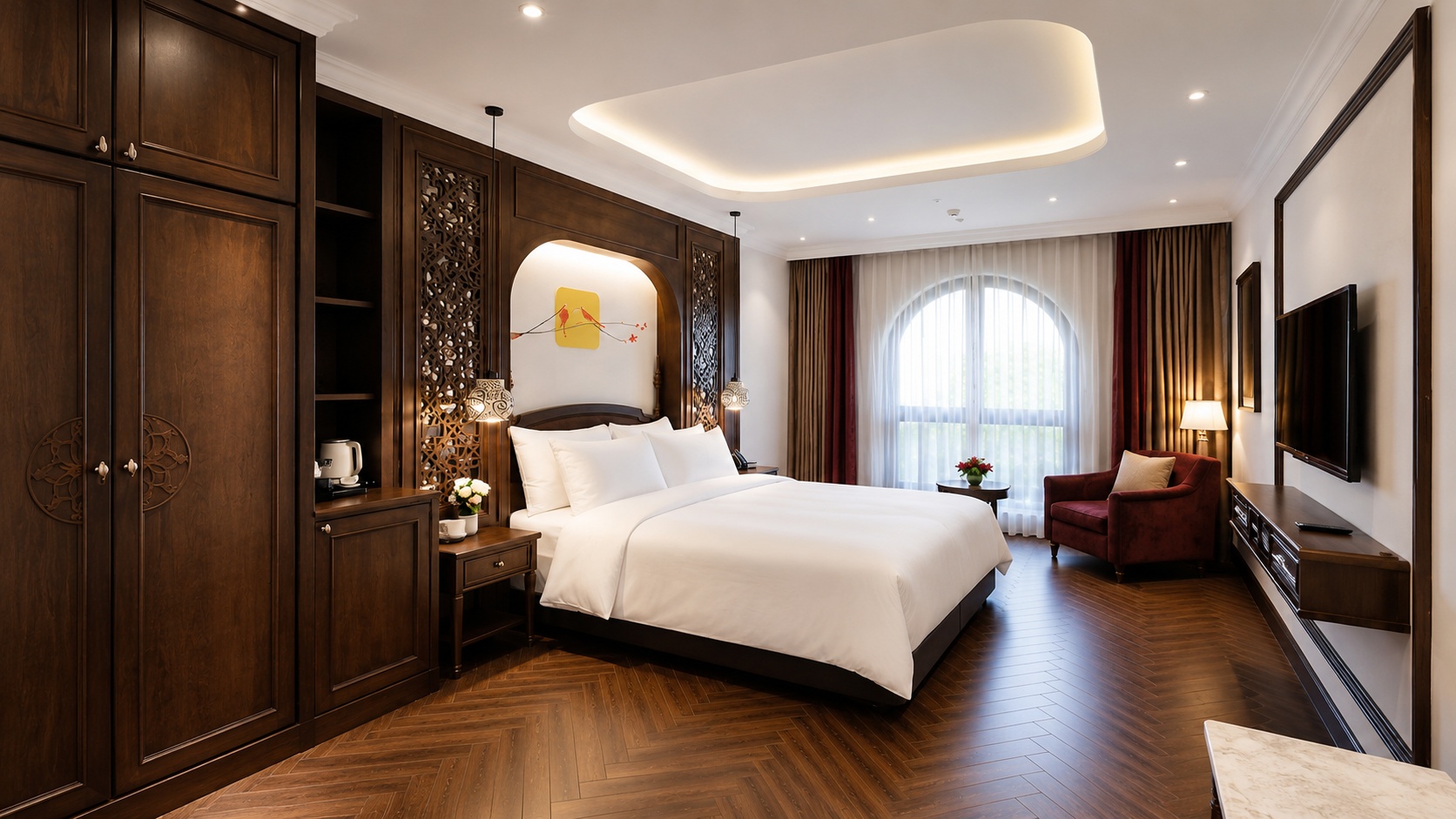 Phòng Deluxe khách sạn 4 sao với nội thất gỗ ấm áp, ánh sáng dịu và bố cục nghỉ dưỡng thanh lịch. Alt ảnh SEO: "04 phong deluxe khach san 4 sao noi that go".