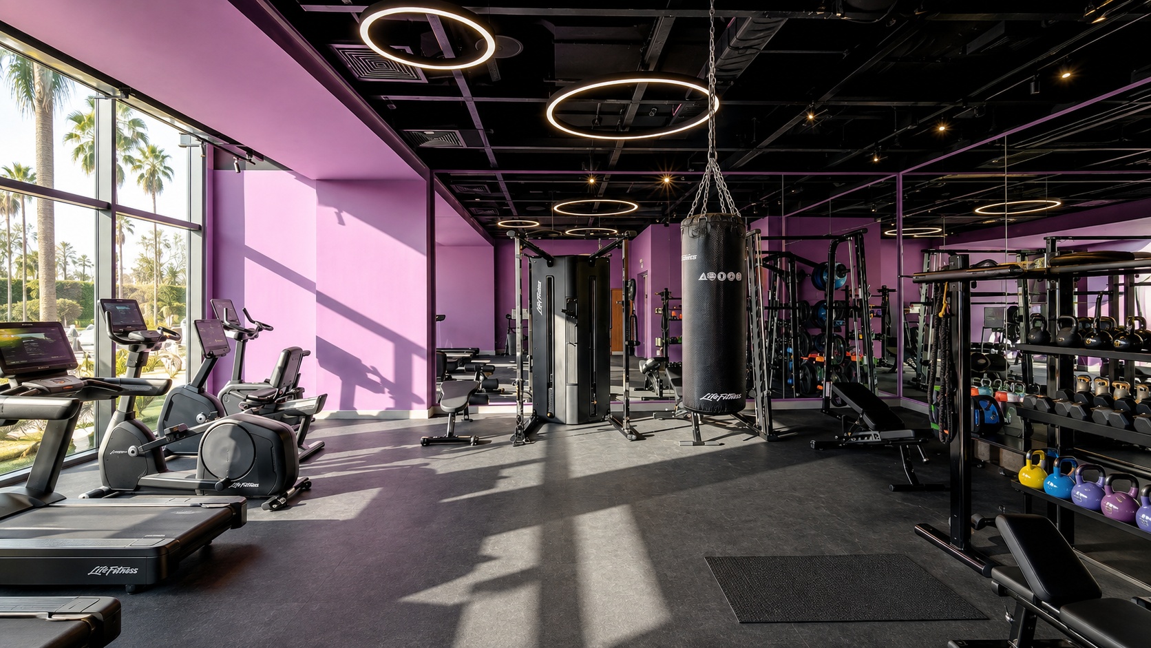 Phòng gym khách sạn 4 sao được đầu tư thiết bị tập luyện hiện đại, không gian rộng và đón sáng tự nhiên.