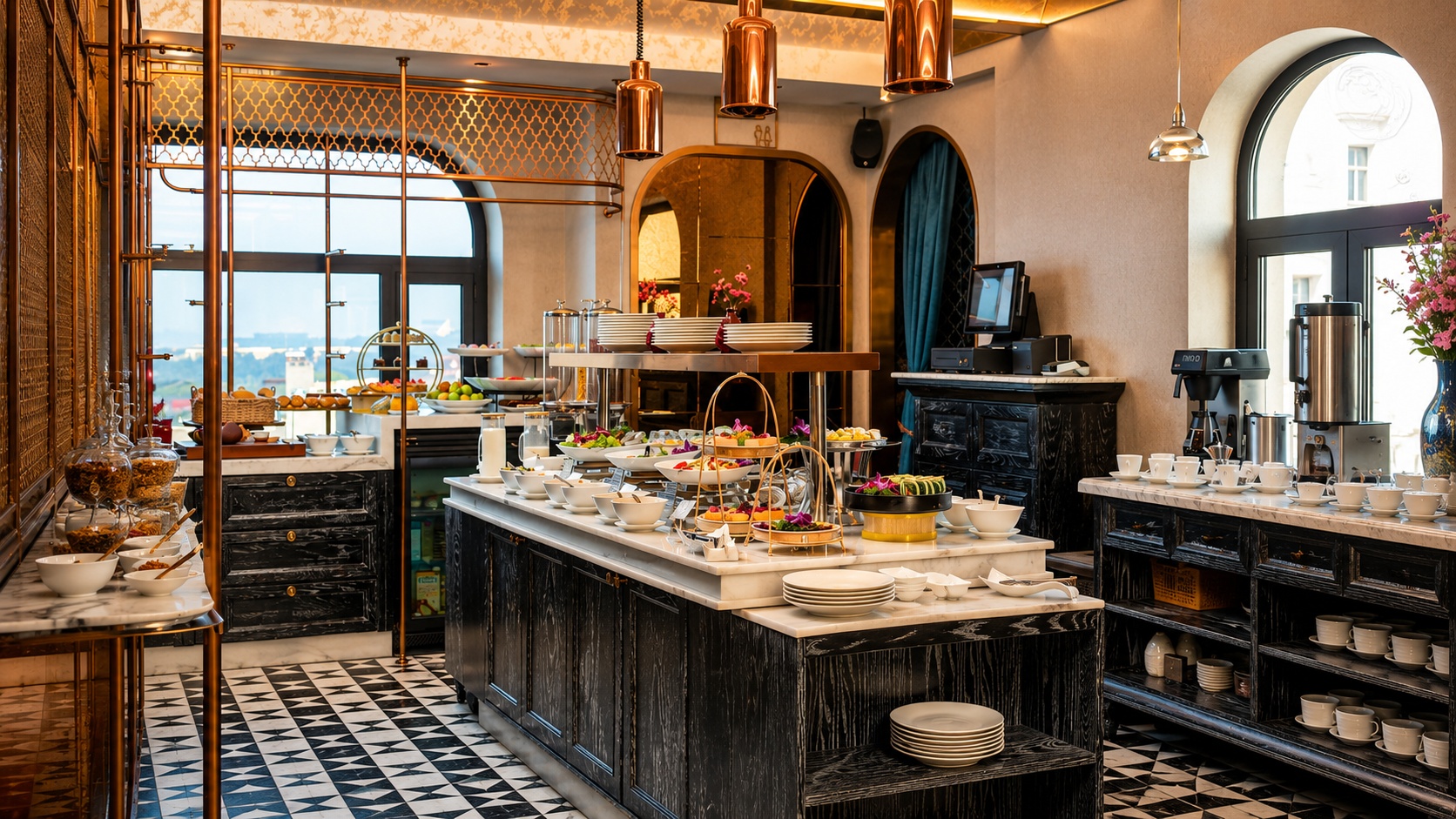 Quầy buffet được bố trí khoa học, sang trọng và ấm cúng, phù hợp cho phục vụ bữa sáng và các bữa ăn nhẹ trong ngày.