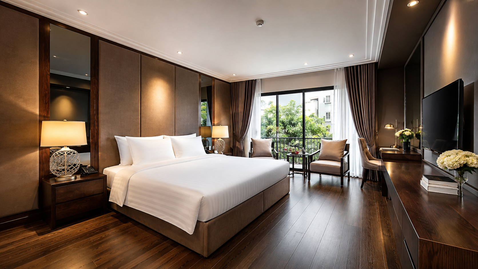 Phòng Double khách sạn 4 sao cao cấp với giường lớn, góc ngồi thư giãn và không gian riêng tư