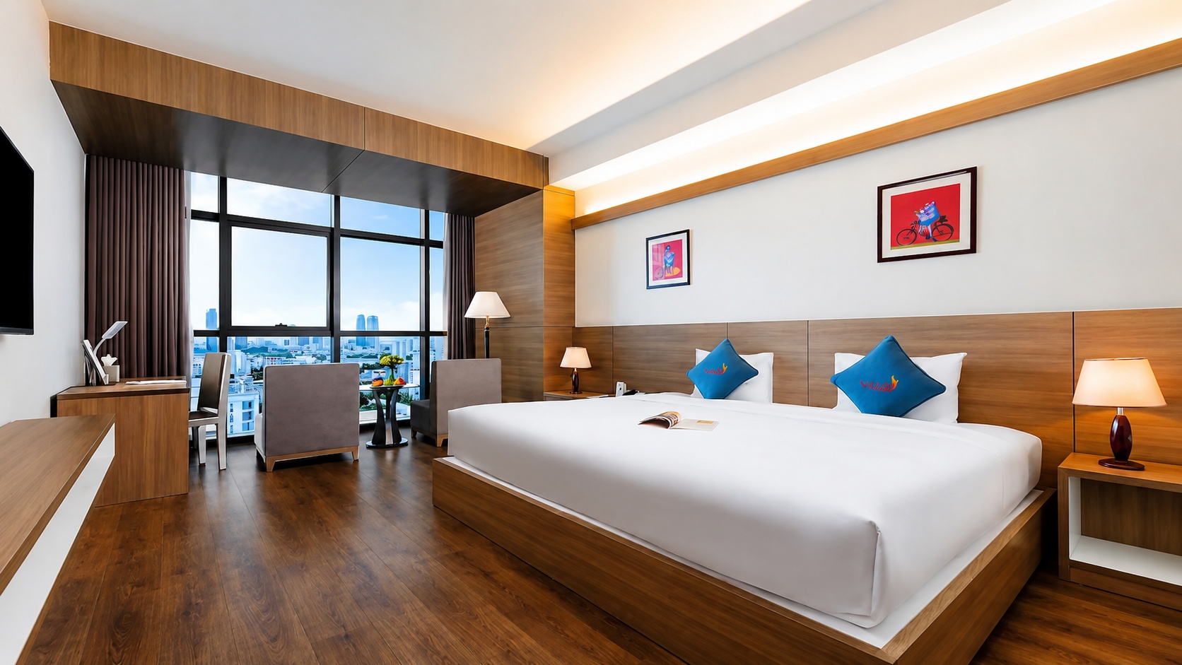Phòng nghỉ hiện đại kết hợp cảm hứng tân cổ điển, nội thất sáng và chỉn chu.