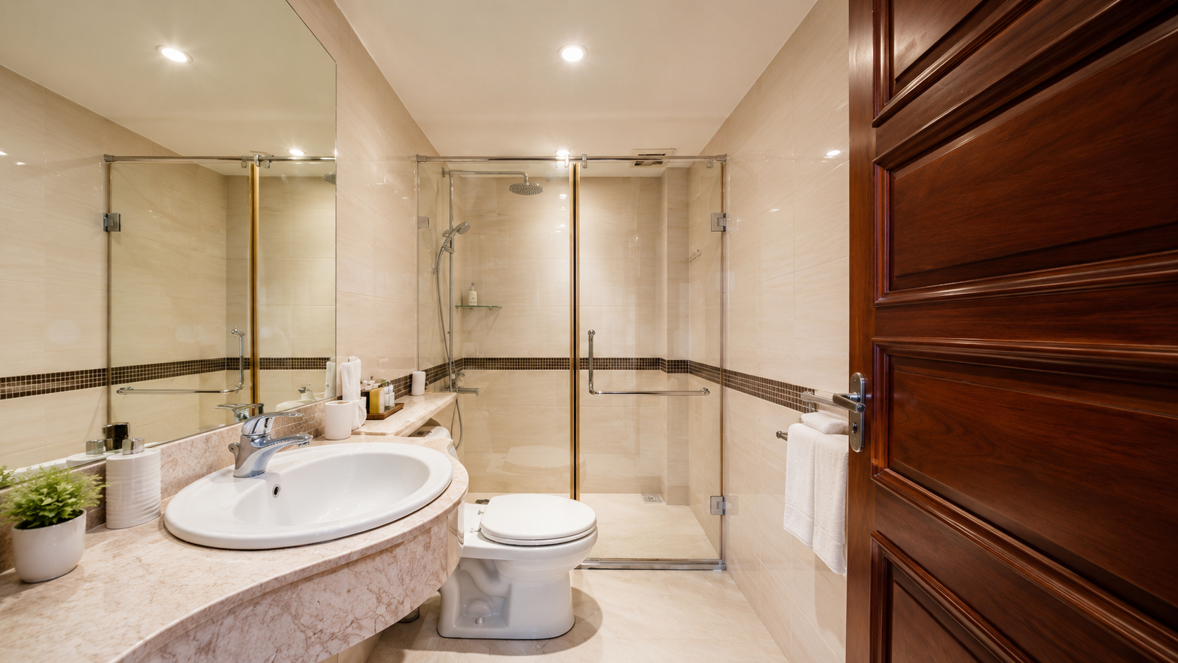Phòng tắm khách sạn 4 sao sạch sẽ, thoáng sáng và được bố trí tối ưu cho nhu cầu sử dụng hằng ngày.