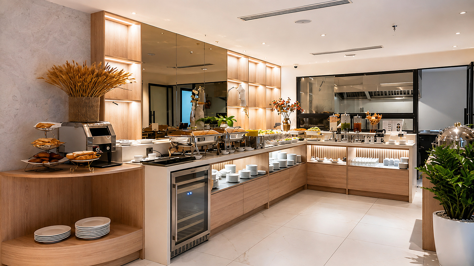Khu ẩm thực buffet khách sạn bố trí quầy món nóng, bánh, đồ uống và dụng cụ phục vụ theo luồng di chuyển rõ ràng.