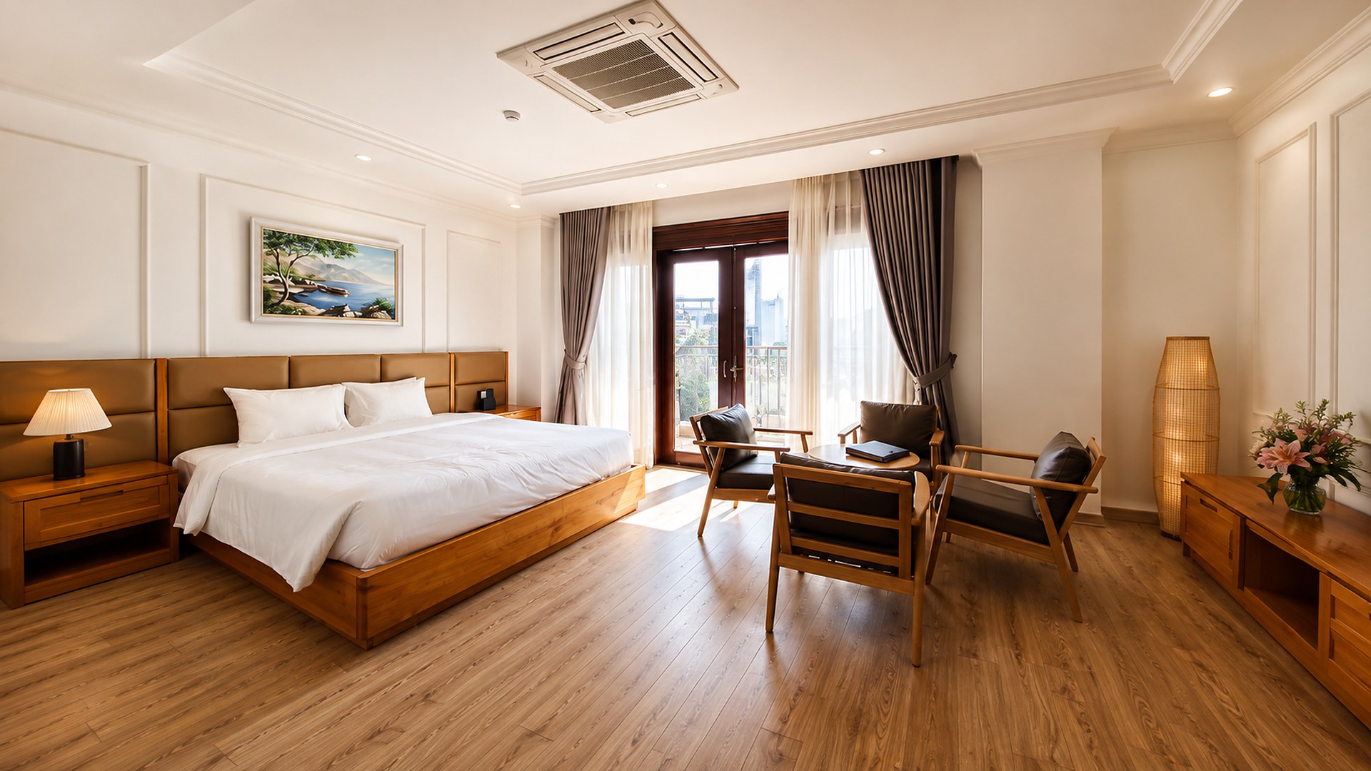 Phòng ngủ hiện đại có khu tiếp khách riêng.