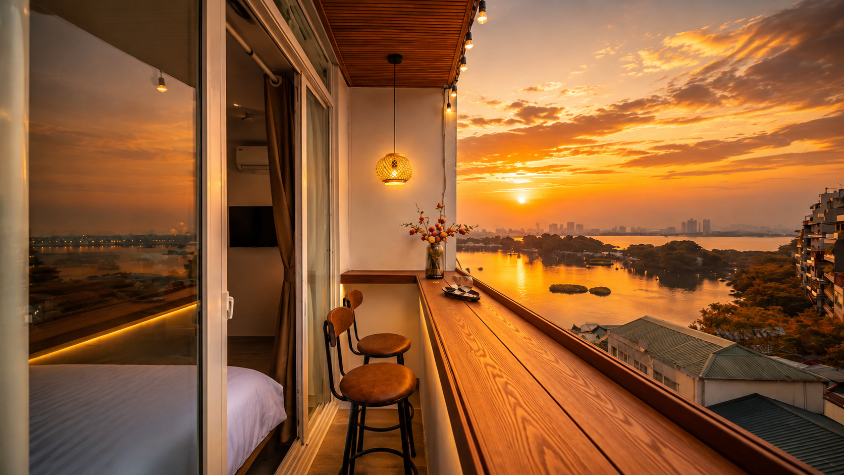 Ban công khách sạn 4 sao view sông, lý tưởng để ngắm hoàng hôn và tận hưởng khoảnh khắc riêng tư.