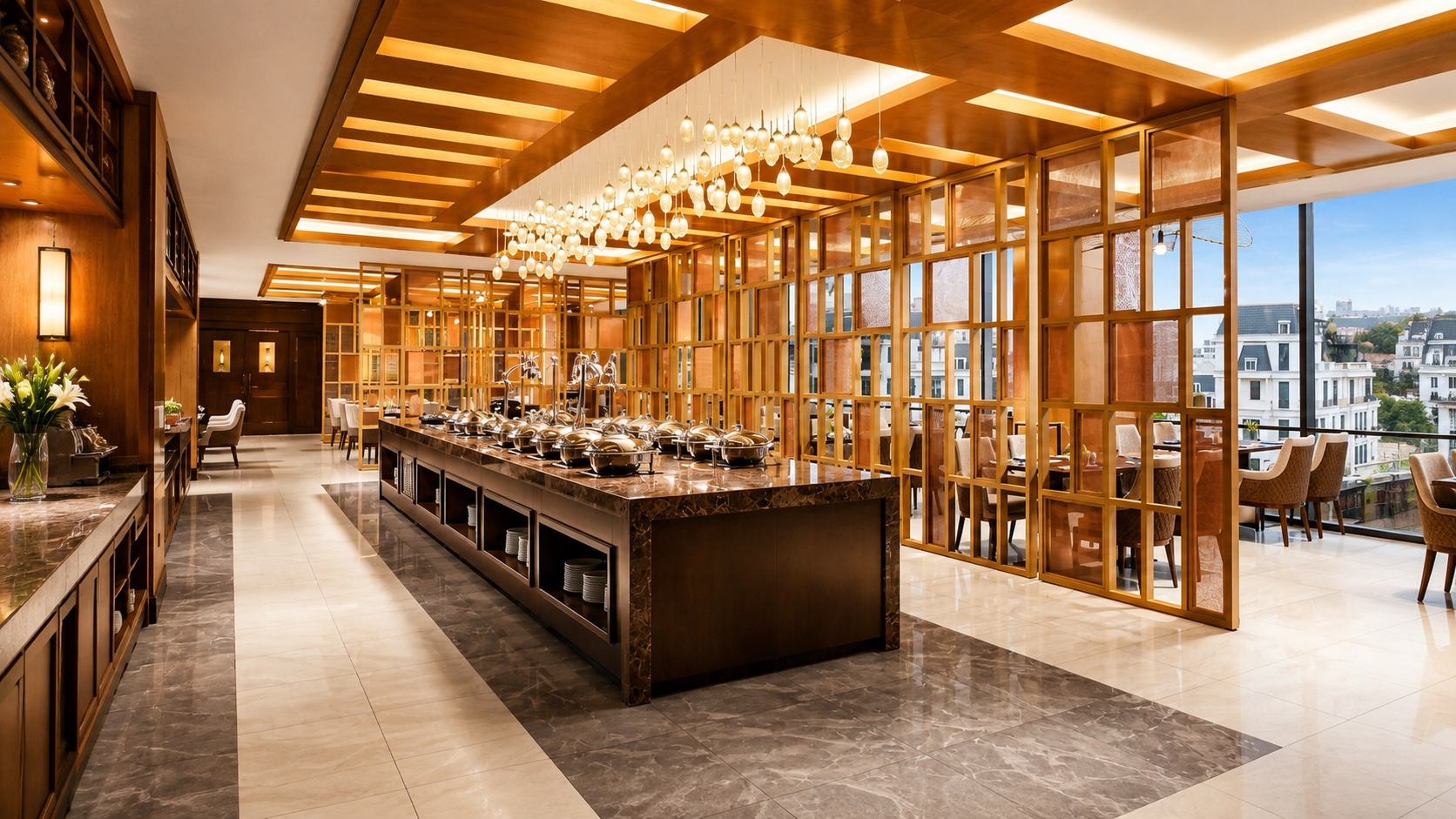 Khu buffet cao cấp với quầy thức ăn bố trí khoa học, ánh sáng vàng ấm và phong cách phục vụ chuyên nghiệp, nâng tầm trải nghiệm ẩm thực.