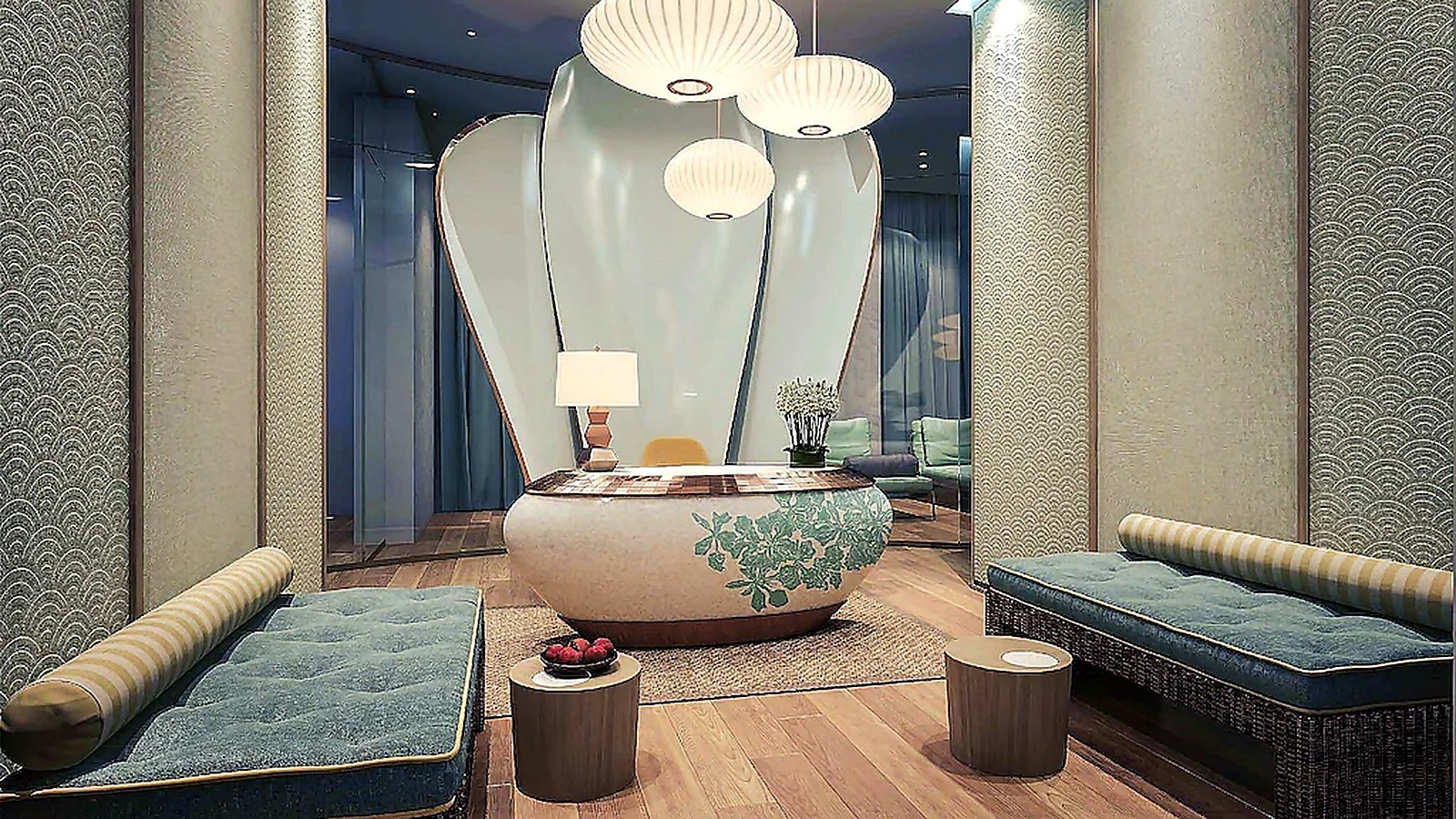 Khu tiếp đón spa khách sạn 5 sao với thiết kế yên tĩnh, sang trọng.