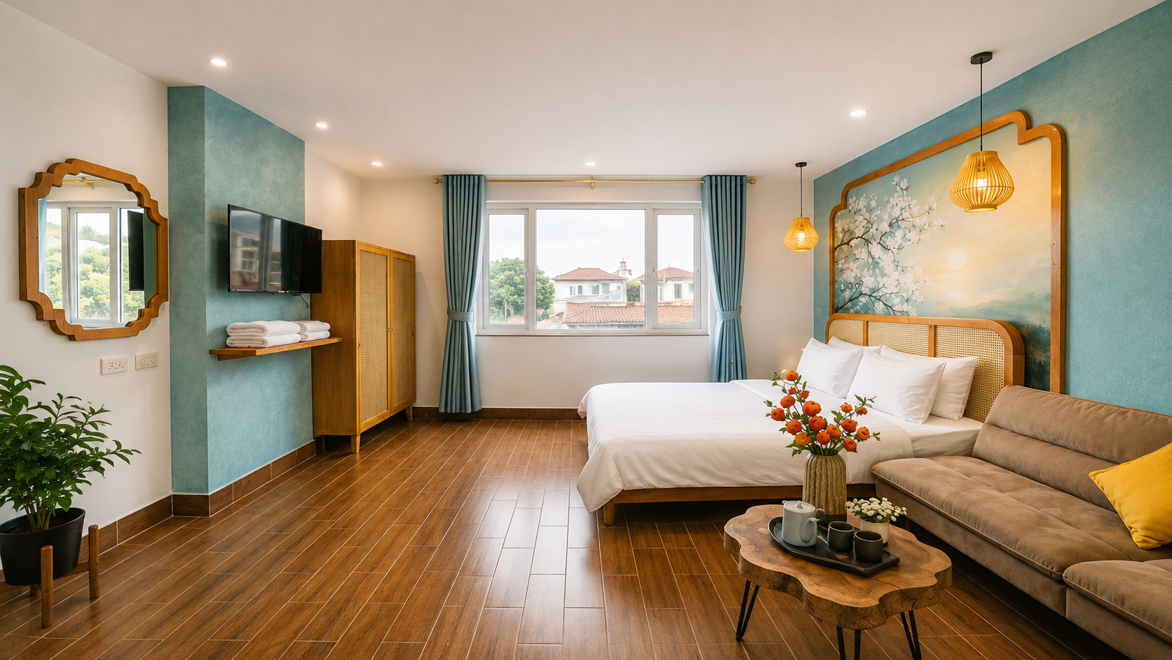Phòng suite phong cách Indochine với gam xanh mát, bố cục rộng rãi và nội thất hài hòa.