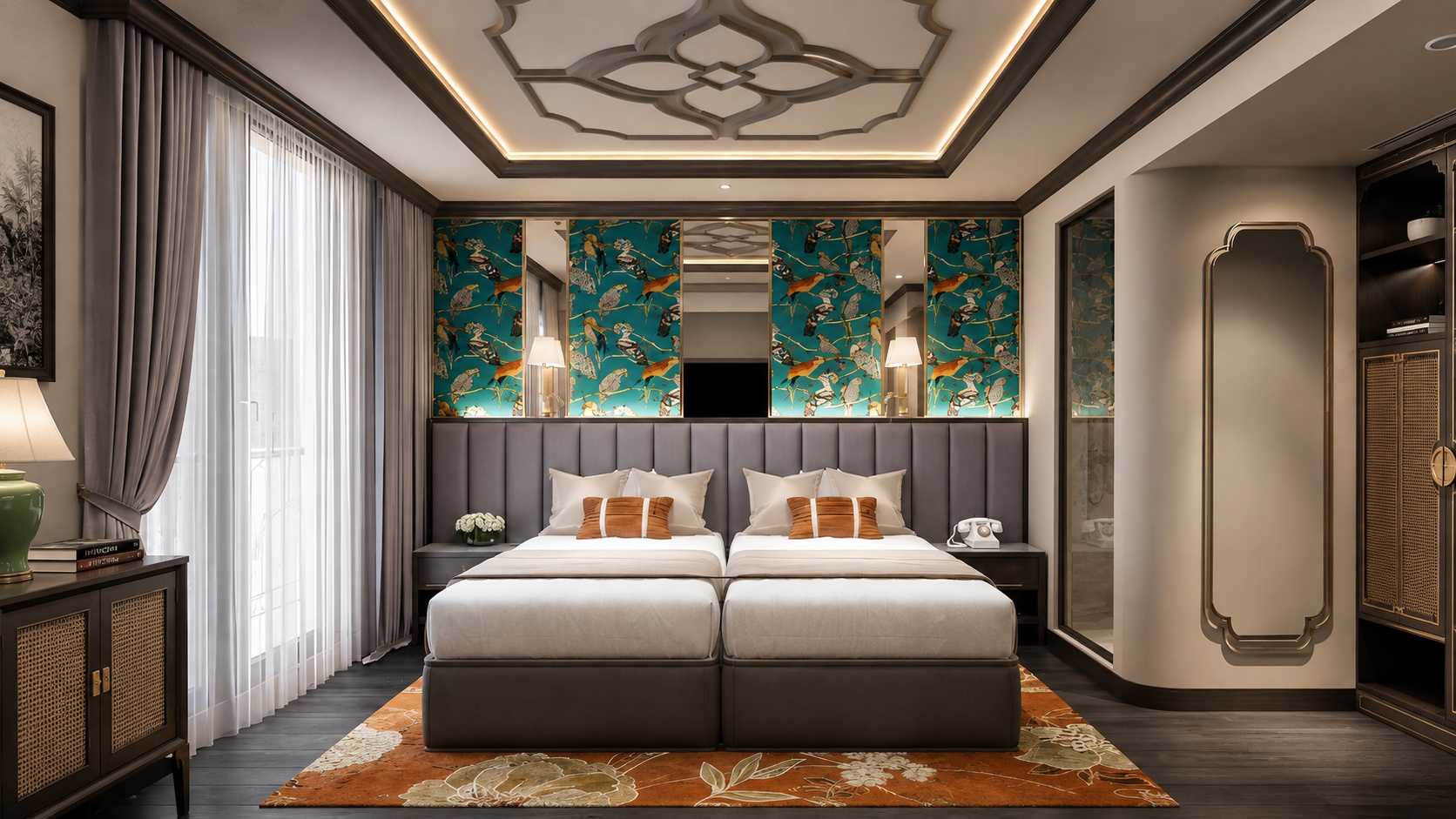 Phòng twin phong cách Indochine kết hợp gam màu trung tính và họa tiết trang trí đặc trưng, mang lại sự cân bằng giữa tiện nghi và thẩm mỹ.