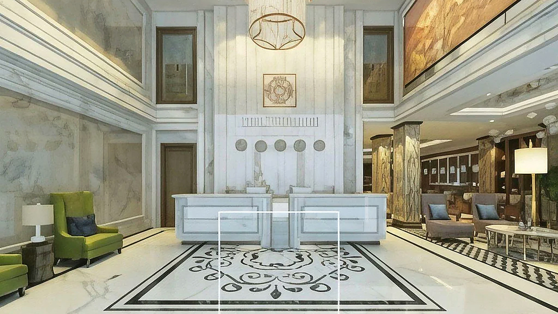 Sảnh lobby khách sạn 4 sao với bố cục tân cổ điển, vật liệu sáng màu và không gian đón khách trang trọng