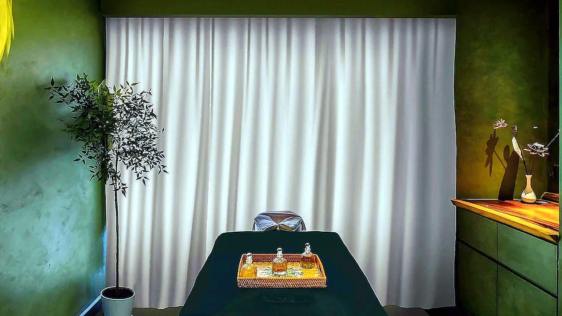 Phòng spa khách sạn 5 sao yên tĩnh với tông màu sâu và ánh sáng thư giãn.