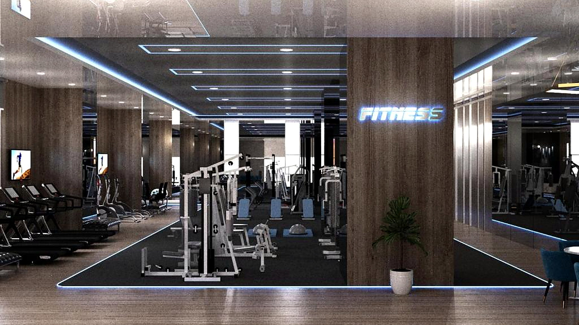 Phòng gym hiện đại với hệ thống máy tập đa dạng và không gian rộng.