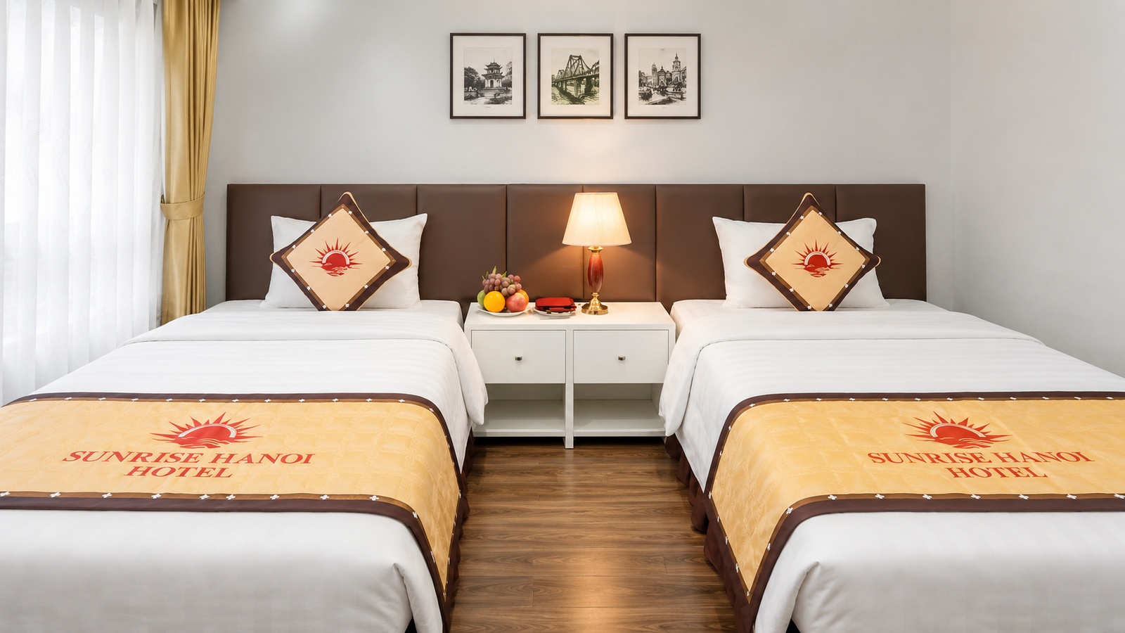 Phòng hai giường đơn Sunrise Hanoi Hotel tối ưu công năng, đảm bảo lối đi thoáng và tiện nghi lưu trú.