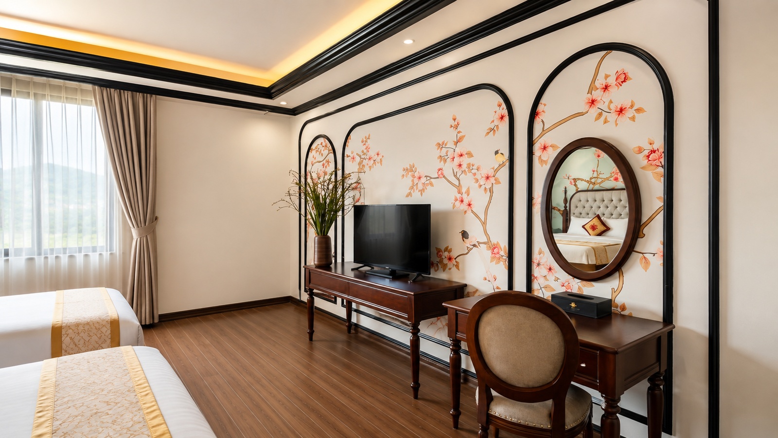 Nội thất phòng ngủ khách sạn 3 sao Sunrise Hanoi Hotel sử dụng đồ gỗ tối màu và bố cục gọn gàng, tạo cảm giác cao cấp.