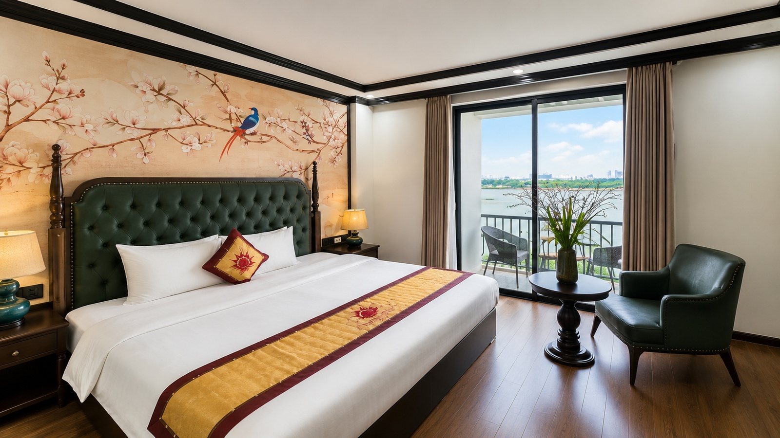 Phòng ngủ view đẹp tại Sunrise Hanoi Hotel tận dụng cửa kính lớn và ánh sáng tự nhiên để tăng cảm giác thư giãn.
