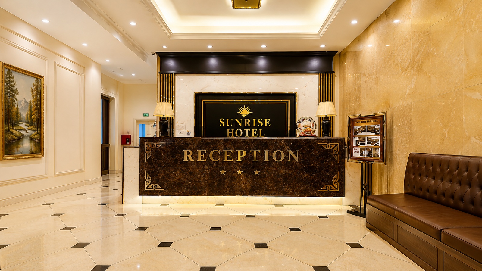 Quầy lễ tân Sunrise Hanoi Hotel được thiết kế chỉn chu, nhấn mạnh hình ảnh chuyên nghiệp của khách sạn 3 sao.