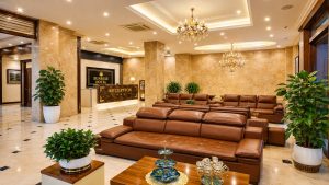 Sảnh lobby khách sạn 3 sao Sunrise Hanoi Hotel rộng rãi, sang trọng và tạo cảm giác đón tiếp chuyên nghiệp.
