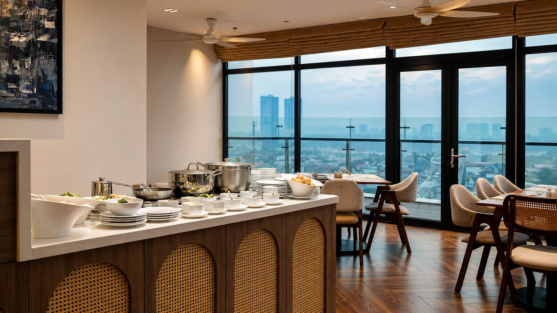 Khu buffet khách sạn 4 sao bố trí gọn gàng, sáng sủa và thuận tiện cho bữa sáng.
