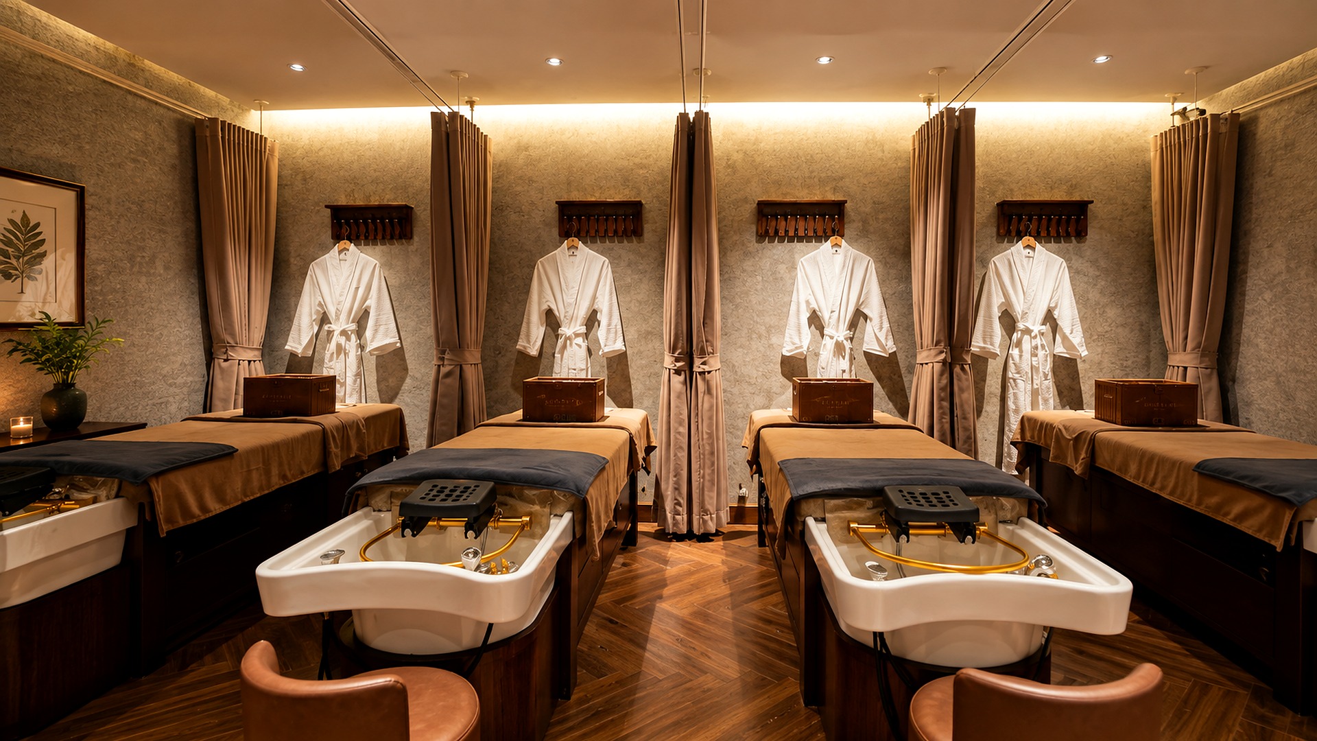 Khu spa riêng tư của khách sạn 4 sao với giường trị liệu, rèm ngăn và ánh sáng thư giãn.