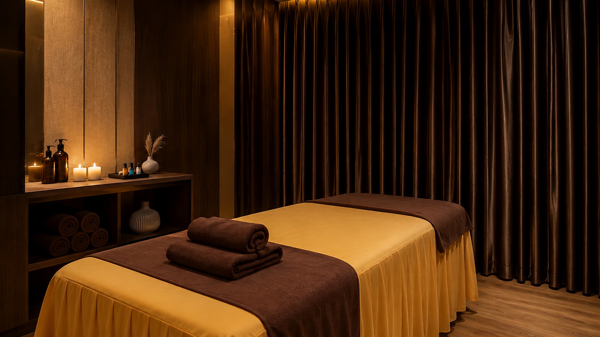 Không gian spa khách sạn 4 sao dùng ánh sáng ấm và vật liệu gỗ để tạo cảm giác thư giãn, riêng tư.