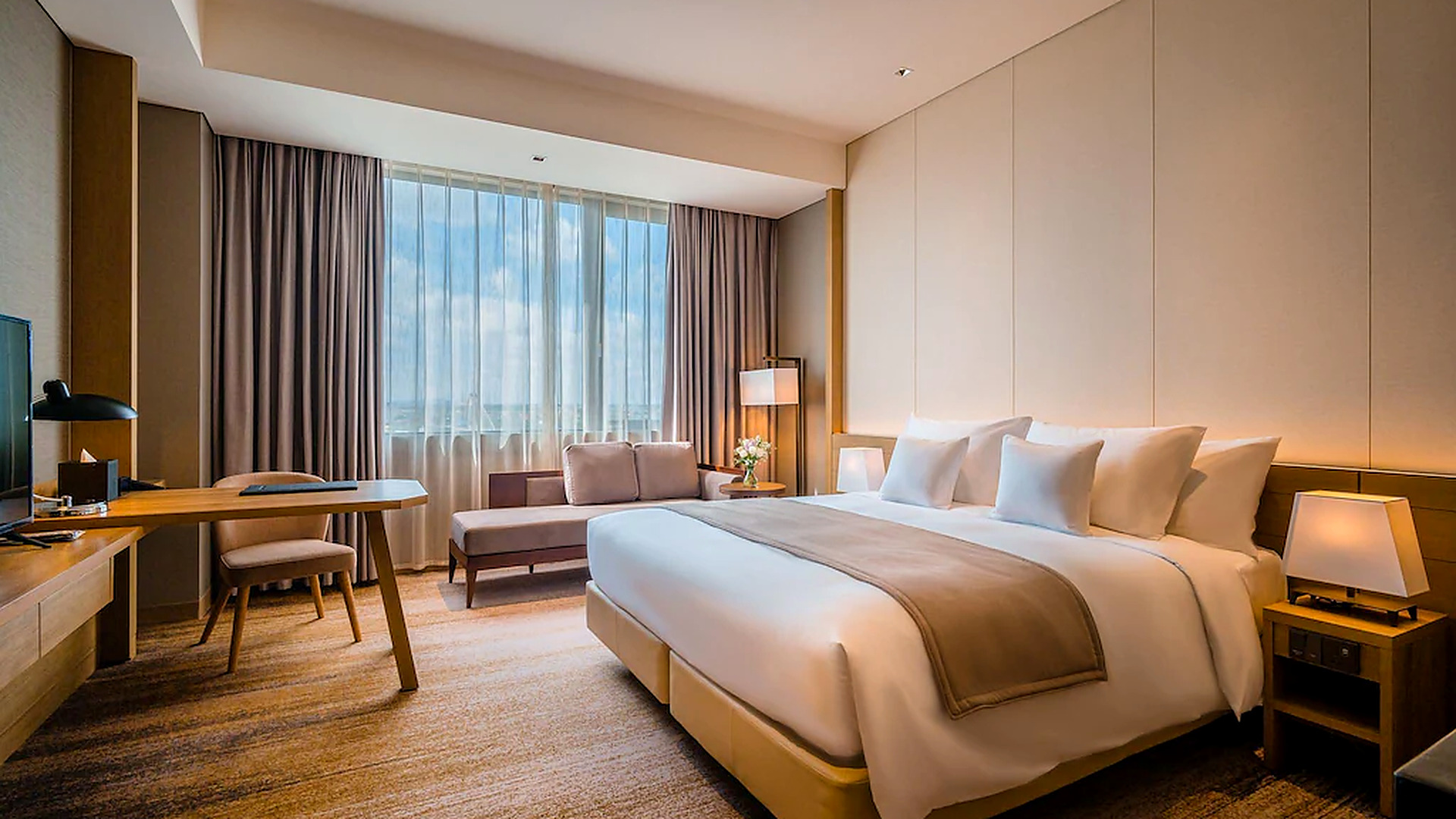 Phòng king sử dụng gam màu ấm, giường lớn và góc sofa gần cửa sổ.