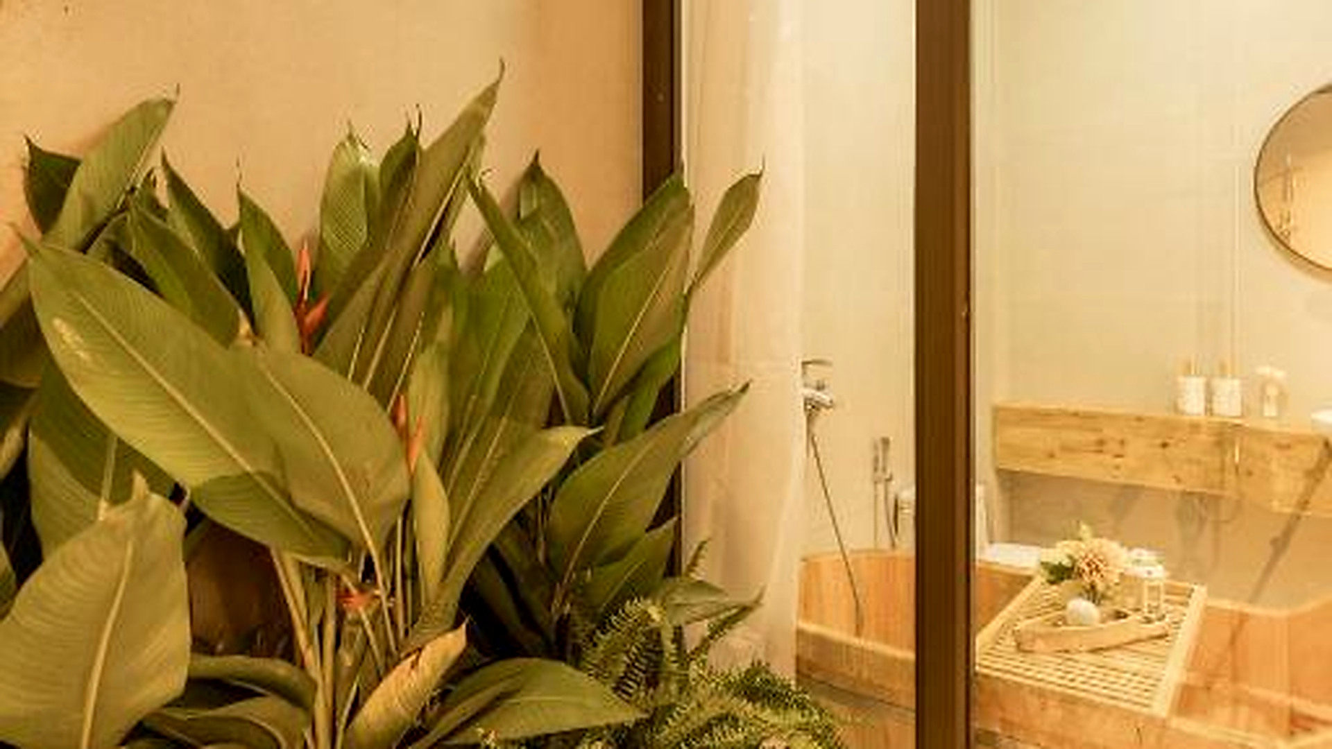 không gian xanh cạnh phòng tắm khách sạn 4 sao hiện đại