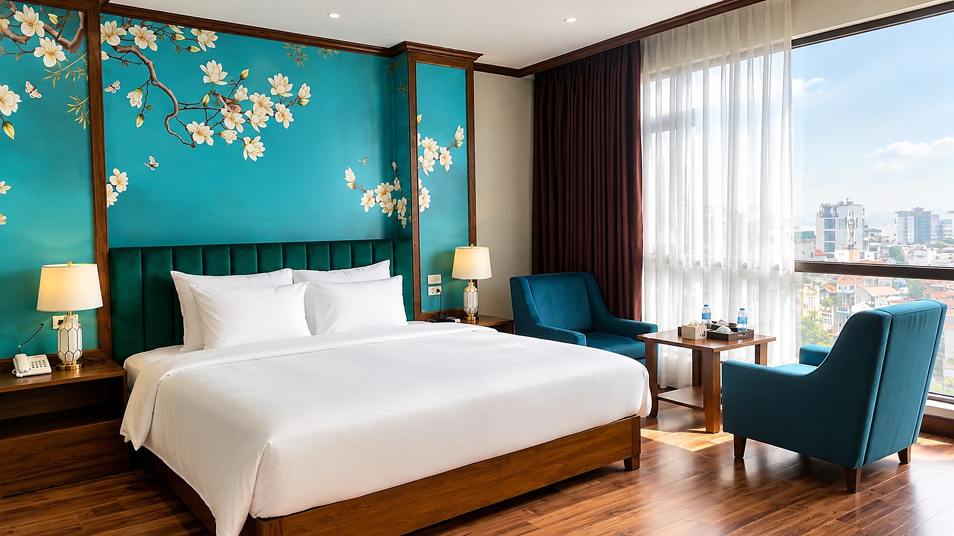 Phòng deluxe view thành phố với không gian rộng, sáng và cao cấp.