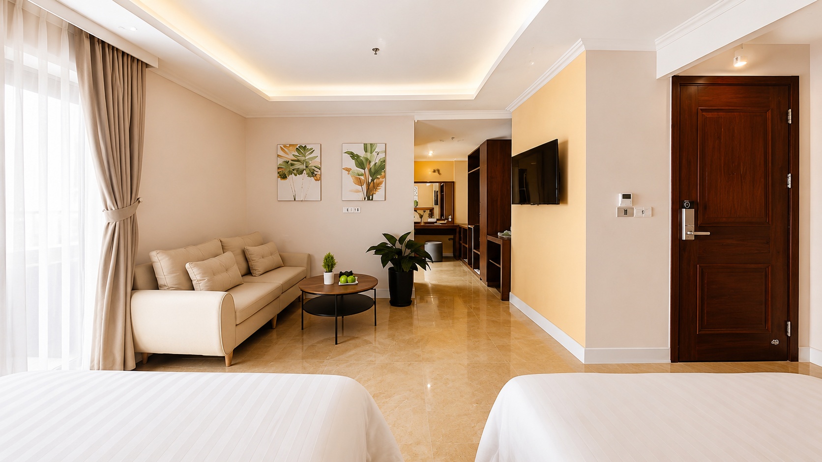 phong doi khach san 3 sao hien dai co sofa