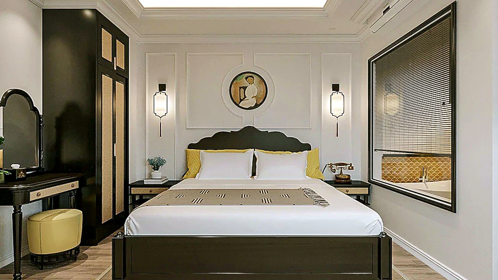 Phòng hai giường phù hợp nhóm bạn hoặc gia đình, vẫn giữ được tính đồng bộ về màu sắc và họa tiết.