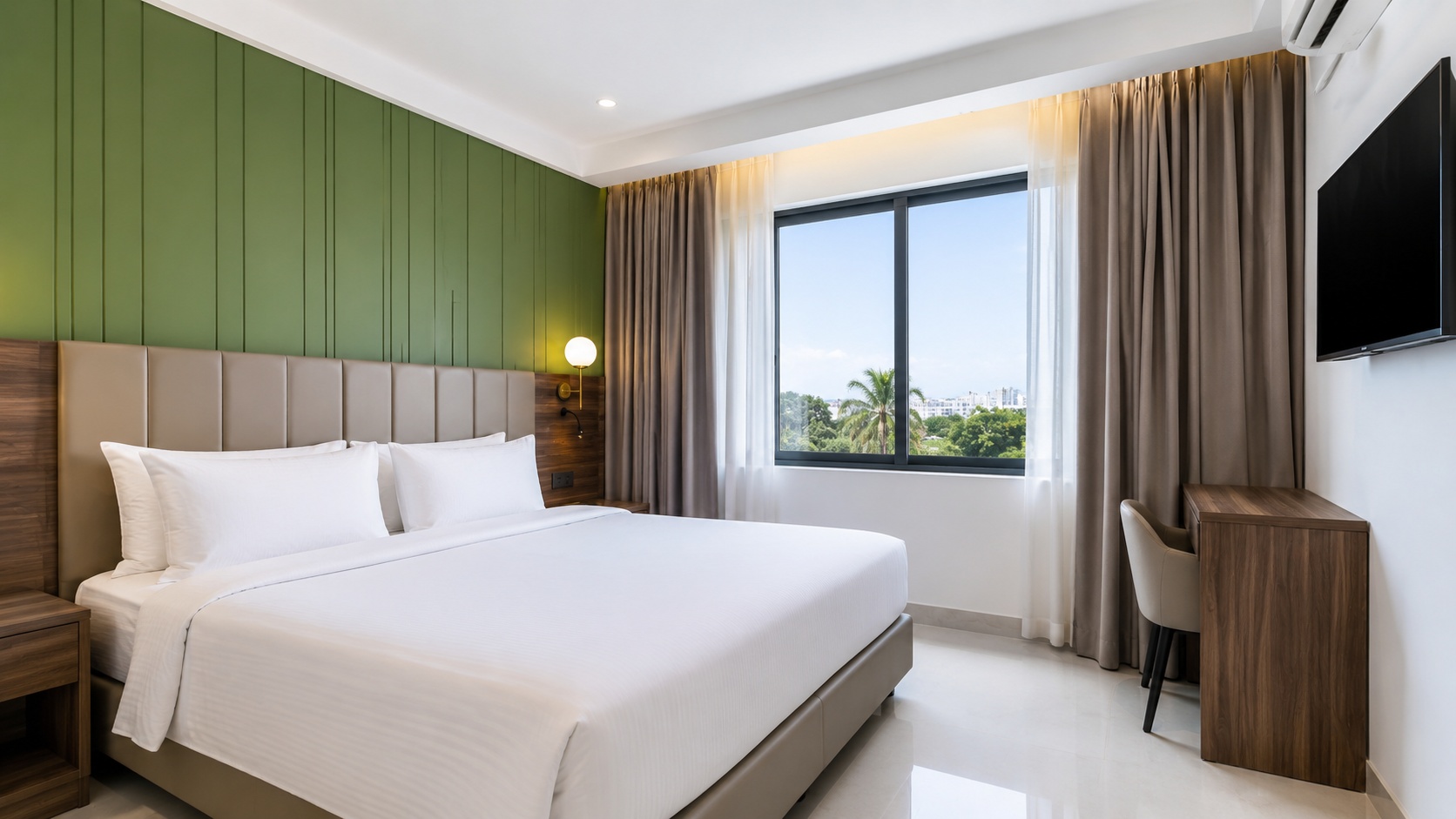 Phòng khách sạn 3 sao với mảng xanh hiện đại tạo điểm nhấn nhận diện và tăng sức hút hình ảnh trên kênh trực tuyến.