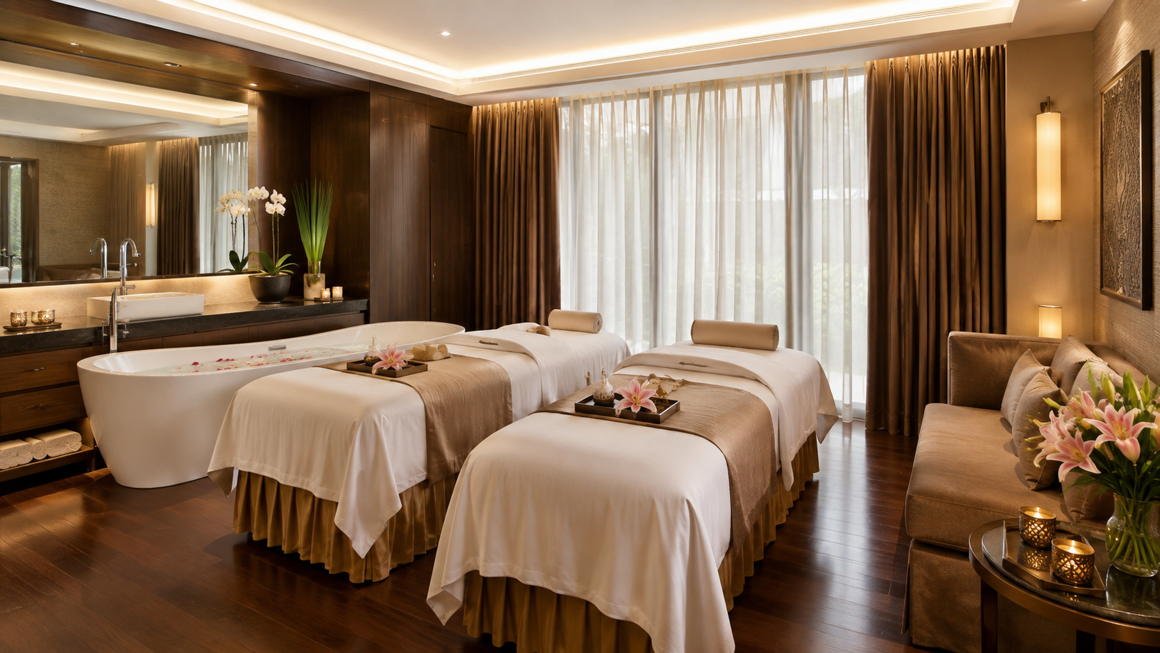 Phòng spa cao cấp với hai giường trị liệu, tông màu ấm và không gian yên tĩnh, riêng tư.