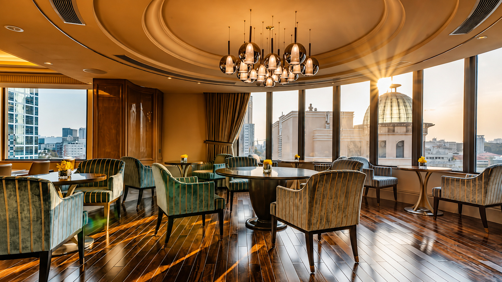Không gian lounge và nhà hàng mang sắc thái tân cổ điển với trần trang trí, ánh sáng ấm và nội thất sang trọng.
