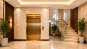 Sảnh thang máy khách sạn 3 sao được hoàn thiện sáng sạch, tạo cảm giác chỉn chu tại khu vực giao thông nội bộ.