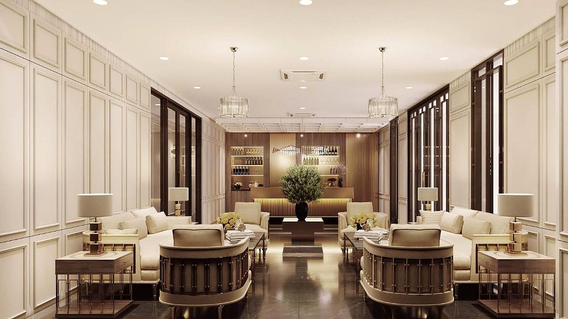 Khu lounge khách sạn 3 sao với sofa sáng màu, bố cục cân đối và phong cách hiện đại thanh lịch.