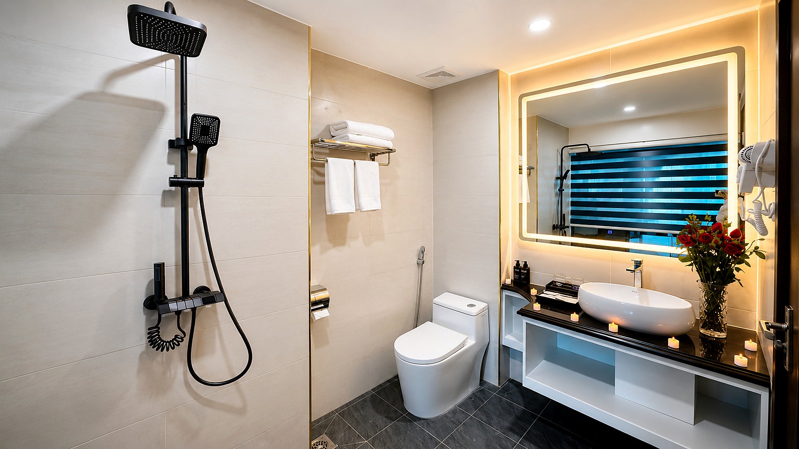 Phòng tắm khách sạn 3 sao với gương LED, khu tắm đứng và bảng màu sạch, hiện đại.