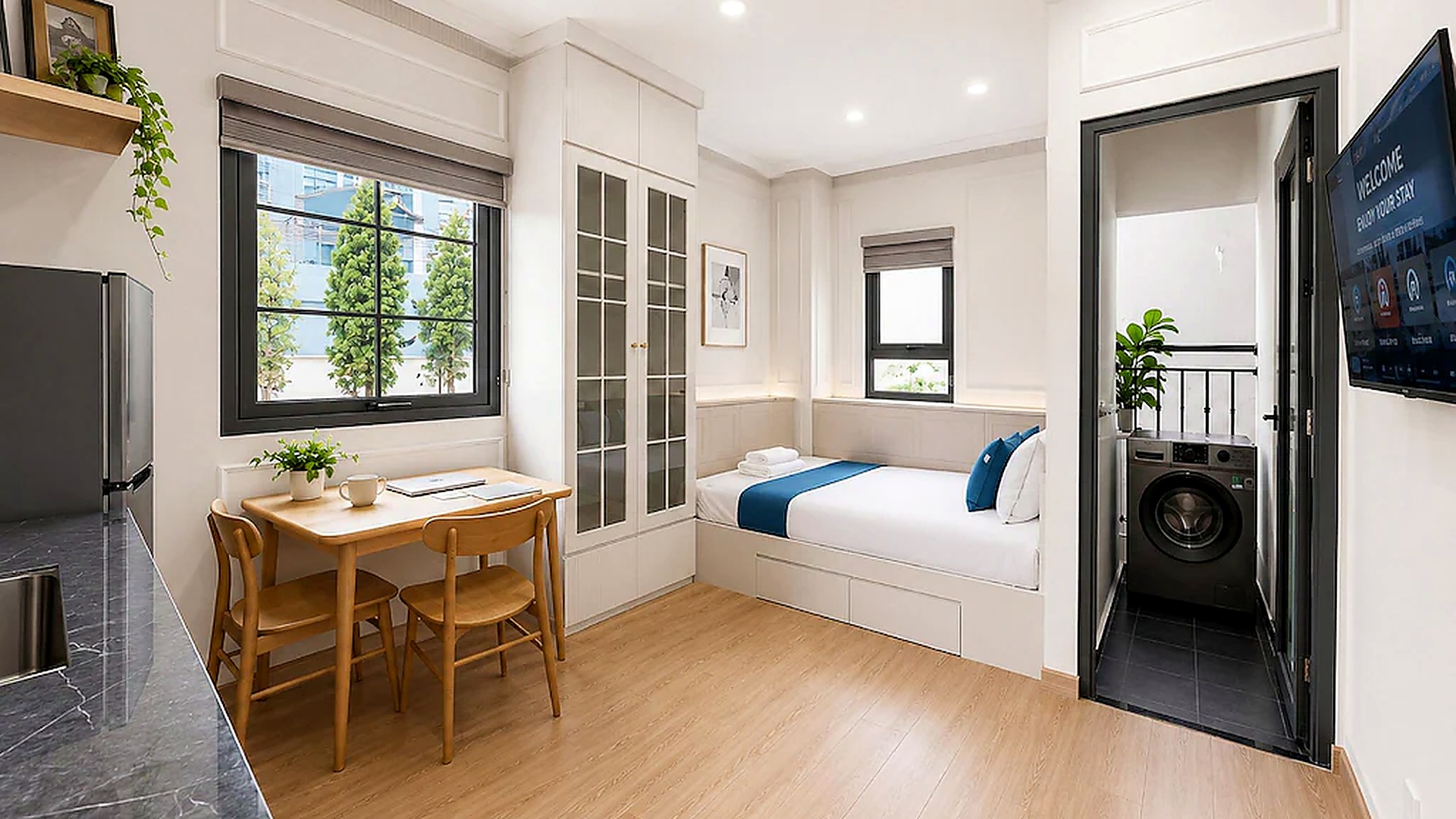 Thiết kế phòng khách sạn 3 sao dạng studio kết hợp giường ngủ, bàn ăn và khu tiện ích trong cùng mặt bằng.
