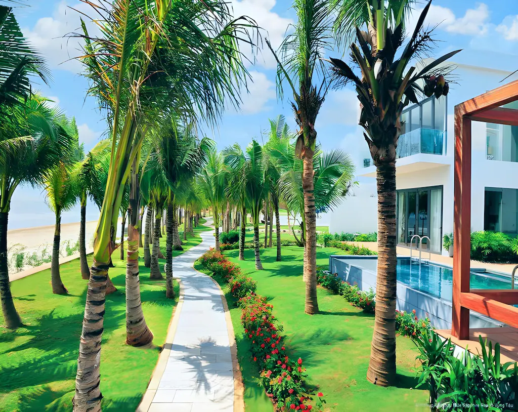 Hàng dừa, thảm cỏ và lối dạo uốn nhẹ tạo trục cảnh quan xanh giữa các villa thấp tầng.