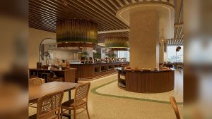 Nhà hàng khách sạn 5 sao với thiết kế gỗ ấm, quầy buffet sang trọng và bố cục thoáng