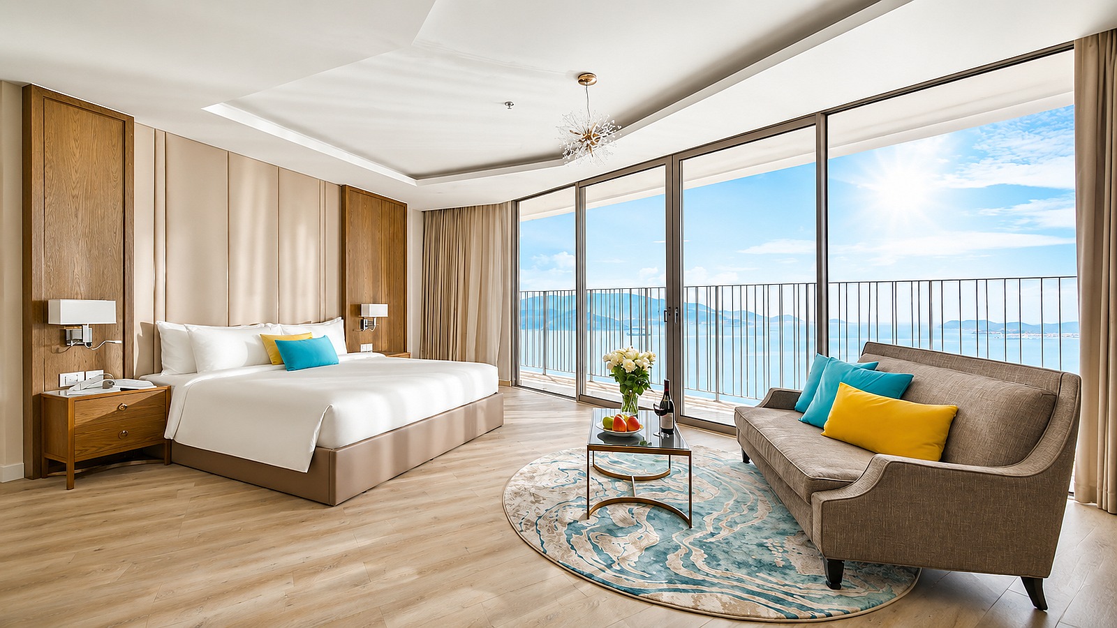 Phòng suite view biển rộng rãi với khu tiếp khách đẳng cấp.