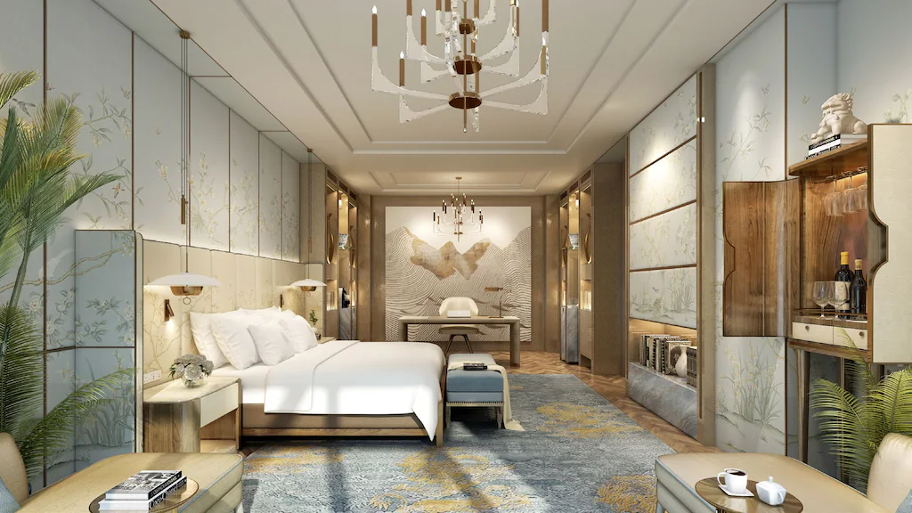 Suite kết hợp vách họa tiết, gỗ ấm, kim loại ánh đồng và nhiều vùng sử dụng.