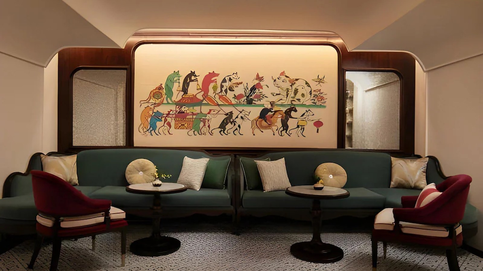 Lounge nghệ thuật dùng sofa xanh, ghế đỏ rượu vang và tranh kể chuyện để tạo dấu ấn Đông Dương hiện đại.